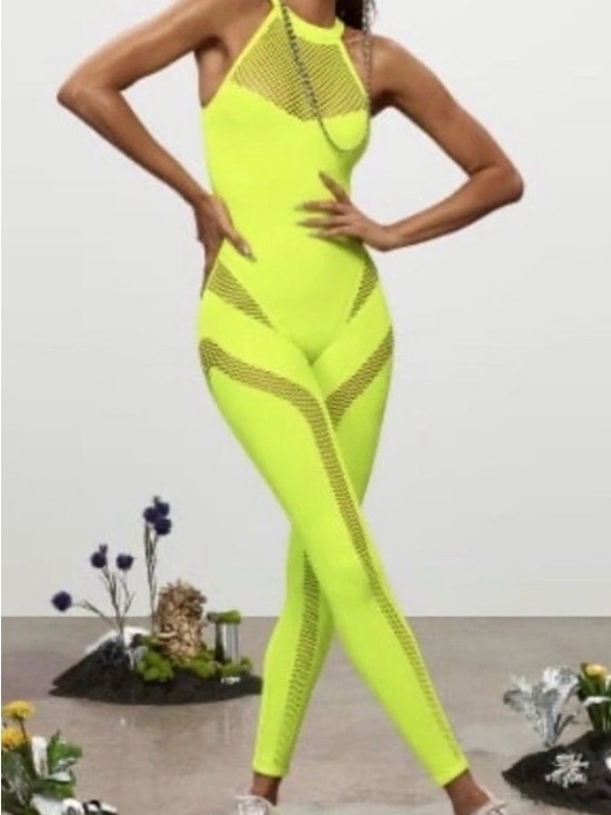Adidas X Ivy Park Pants - Beyonce Adidas X IVY PARK Neon Yellow Mesh-Panel Halter Jumpsuit size XL